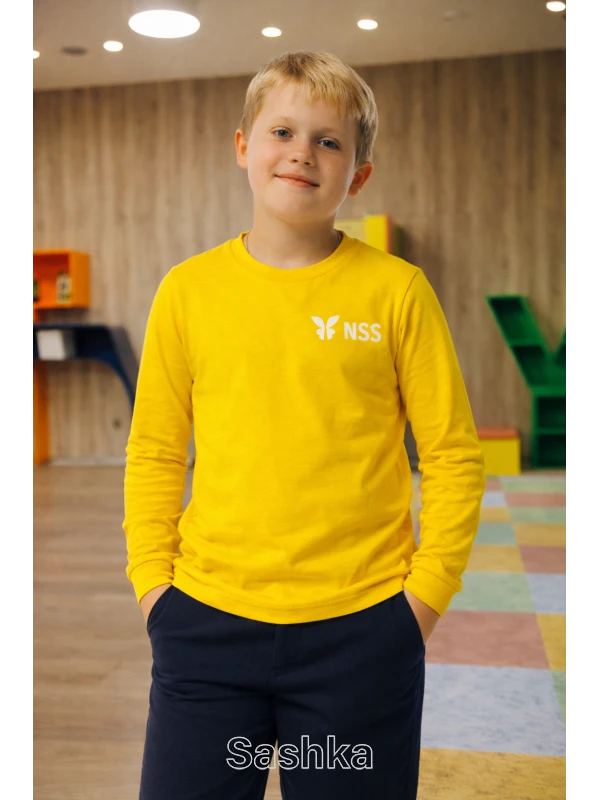 Лонгслів для хлопчика жовтий з логотипом школи NSS, розмір 116-188